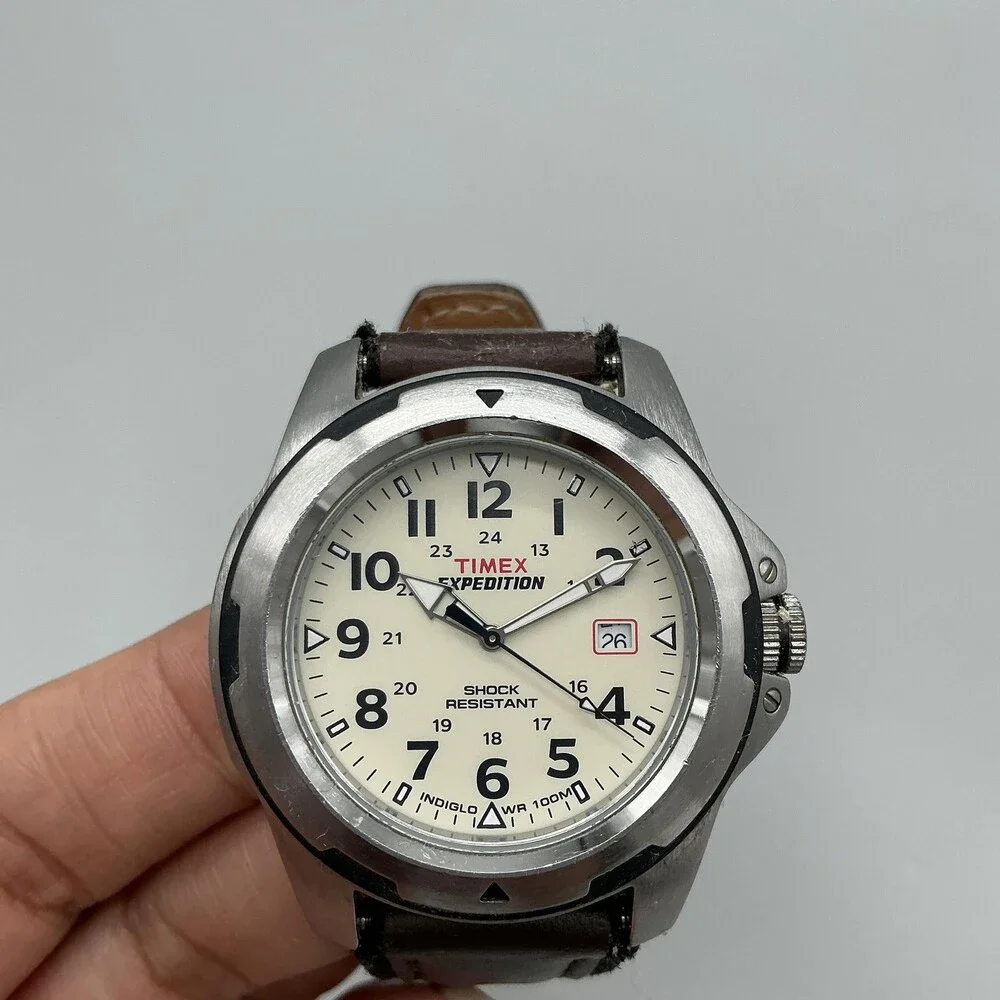 Timex Expedition Indiglo Mens Watch 42mm Cream Dial Brown Leather Date New Batt